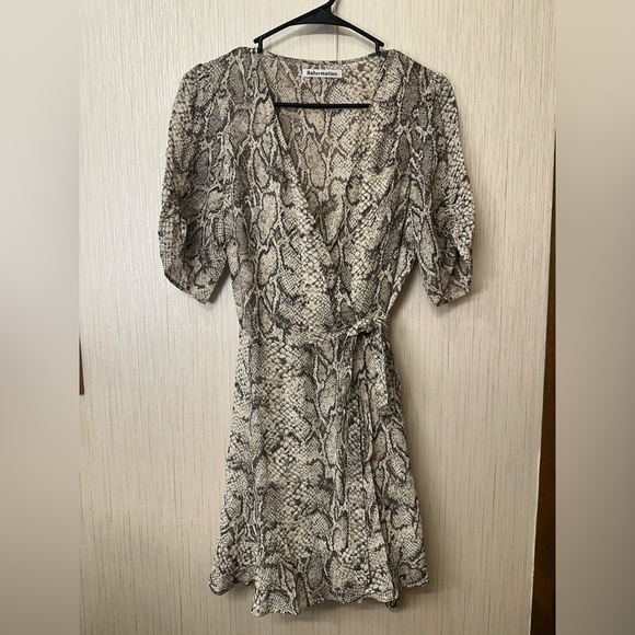 Reformation Snakeskin Wrap Dress | Puff Sleeve Mini - Picture 1 of 8